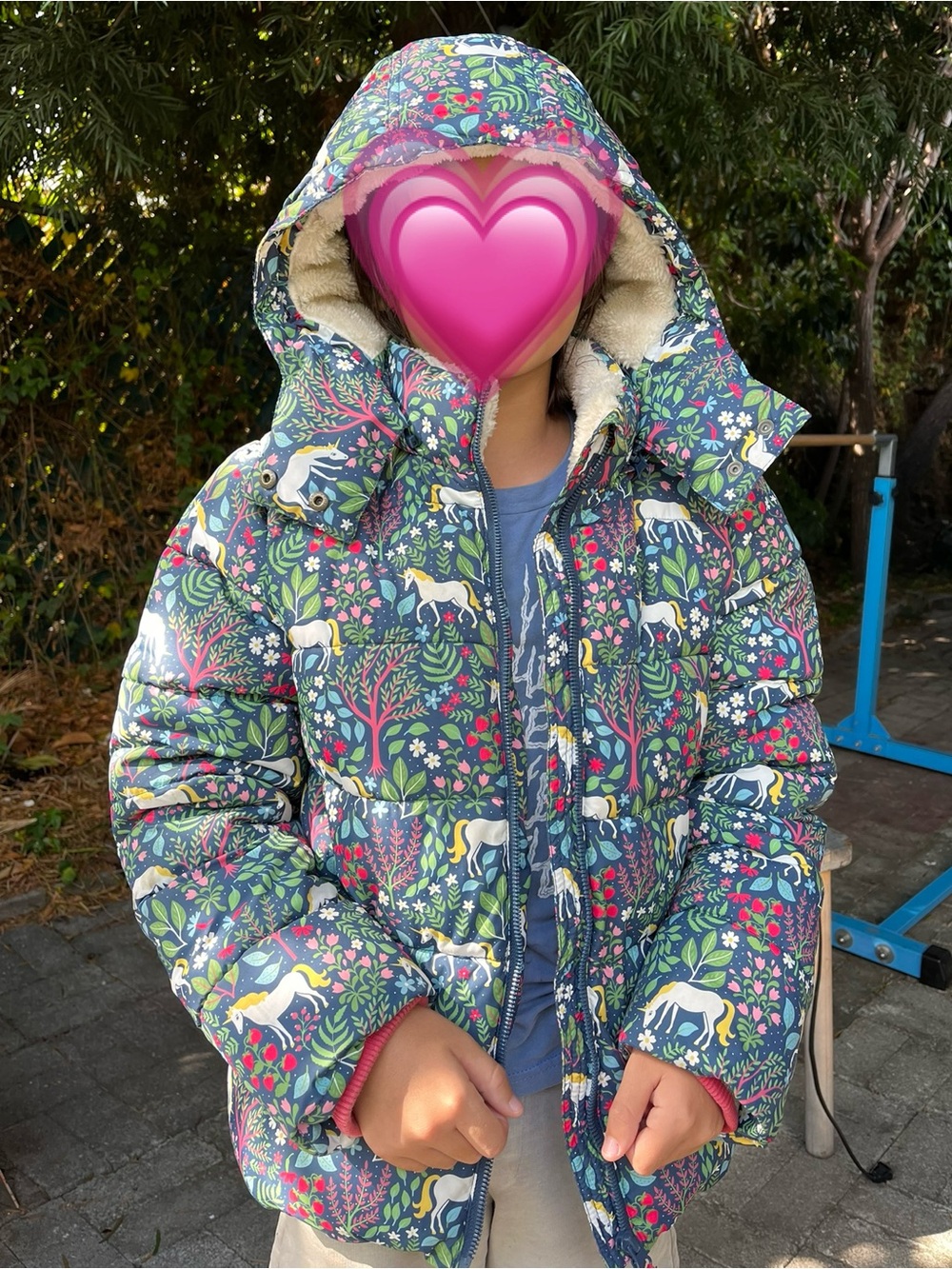 Mini Boden Navy Unicorn & Floral Hooded Puffer Jacket Winter Coat
